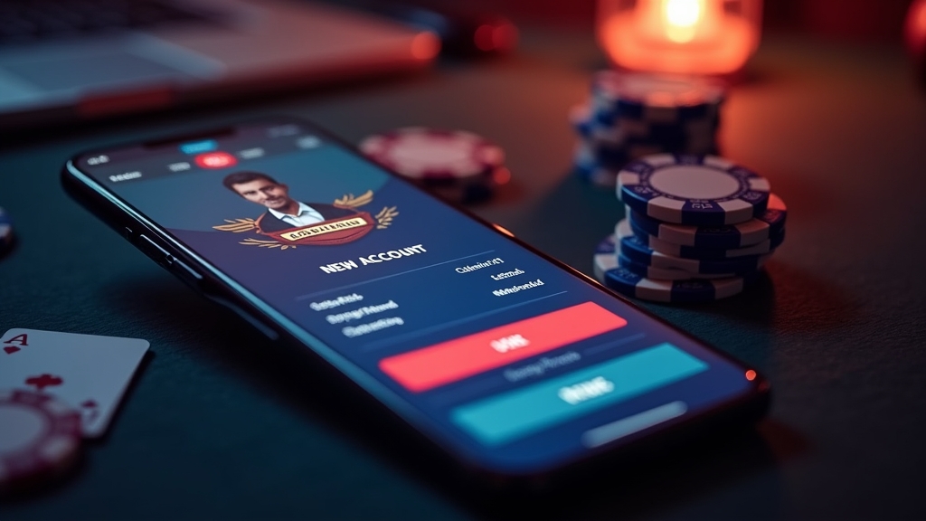 Nuevo panel de cuenta de casino en un teléfono en un entorno de juego oscuro y premium