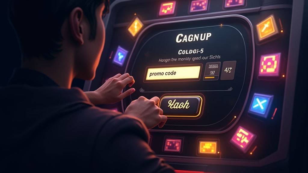 Player entering a promo code in a dark casino cashier interface