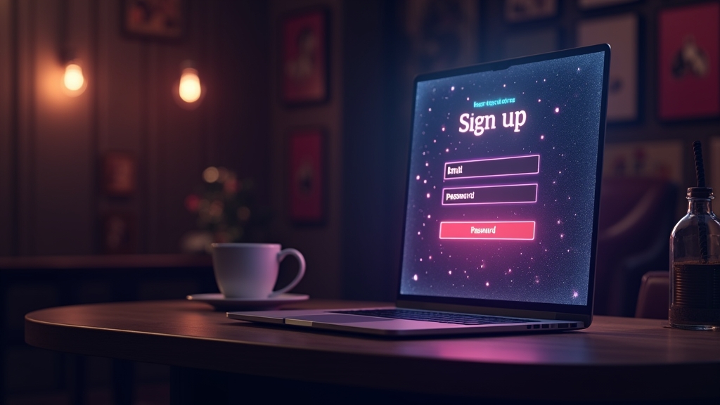 Formulario de registro de casino en un portátil con iluminación de neón y un jugador registrándose