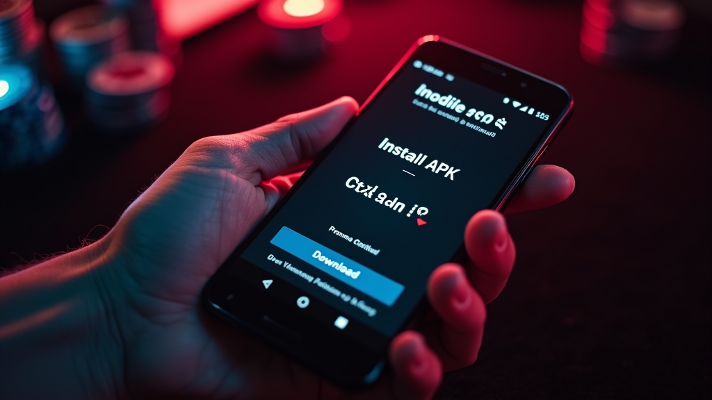 Android phone showing a casino app download screen in a dark neon setting